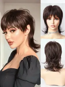 Trendy Short Pixie Cut Wig With Bangs, Natural Black Brown Fluffy Shaggy Layered 80s Mullet Wig, Realistic Scalp Glueless Heat Resistant Curly Synthetic Wig, Soft Premium Fiber Fashion Hair Wigs for Women Daily Dating Party Cosplay, No Glue Wig