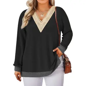 XL-5XL Women's Plus Size Tops Lace Trim V Neck Long Sleeve Sweatshirts Color Block Side Split Hem Tunics Casual Fit  Soft Stretchy Pullover     curvy plus clothes   VPS0113