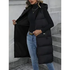 Zippered Hoodie Flffy Vest, Casual Sleeveless Oblique Pocket, Warm Mid-length Vest ，Women's Clothing Elegant Fabric Women's Long Sleeve Open Front Blazer Polyester  Fitted Winter Womenswear Coat