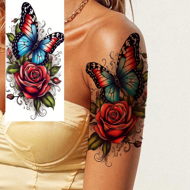 Women's Realistic Waterproof Glitter Temporary Tattoos - 6 Sheets Long-Lasting Body Art Stickers with Rose, Butterfly, Fashion Solid Designs, for Casual Events, Adults Party Favors, Metal Ceramics & Glass Surface Compatible, No Battery Needed