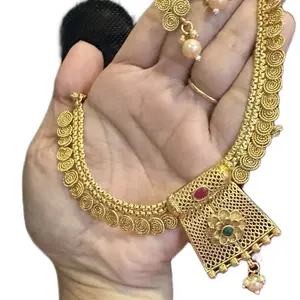 Women's Gold-Colored Fashionable Ethnic-Indigenous Inspired Artistic Temple Design Jewelry Set - 2-Piece Set with Necklace, Matching Earrings, Traditional Art Elements for Women, Fashionable Jewelry Set, Ethnic-Inspired Jewelry Sets