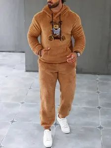 Men's Winter Teddy Fleece Sports Set, Sweat Suit, Cute Bear Embroidered Hoodie + Drawstring Pants, Thick Warm Home Wear, Comfortable Casual Two-Piece