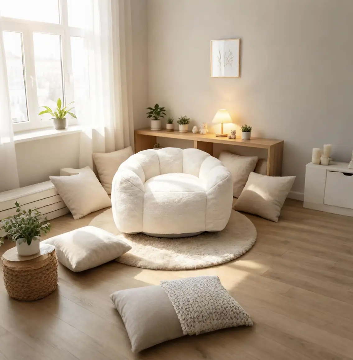 Large Cloud Comfort Lazy Sofa Chair - Single Petal-Shaped Lounger Couch with Soft Faux Fur Fabric, Shredded Foam Filling for Adults, Cozy Accent Room Furniture for Bedroom, Reading Nook, No Assembly Needed