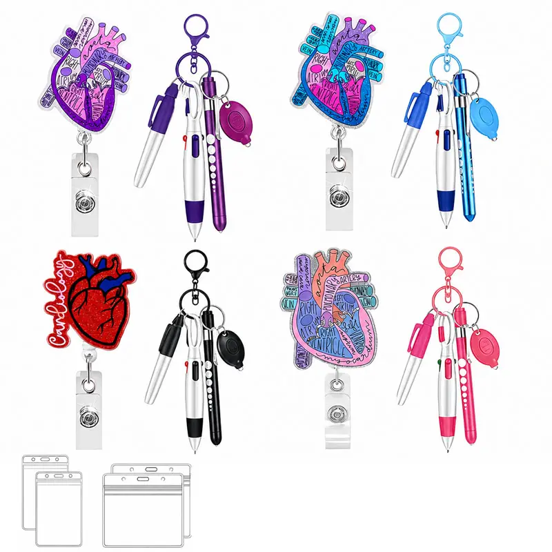 Acrylic Heart Shape Anatomical Badge Reel & Multi-Tool Keychain Set, Retractable ID Holder for Cardio Nurses, Ballpoint Pen, Mini Scissors, LED Light Office Identification Supplies Gift