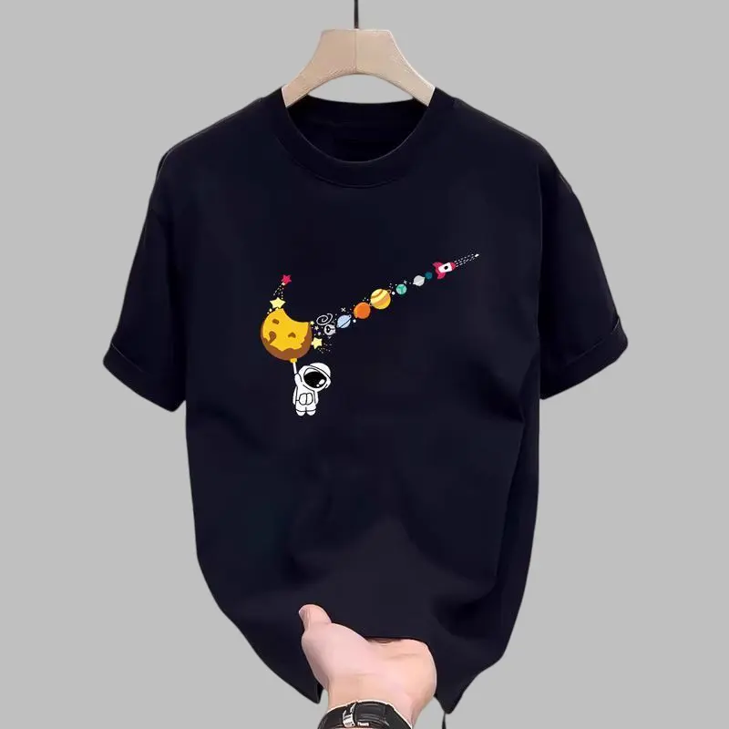 Men's Graphic Cotton T-shirt, Short Sleeve Space Planet Print Top, Breathable Fabric for Summer Casual Wear