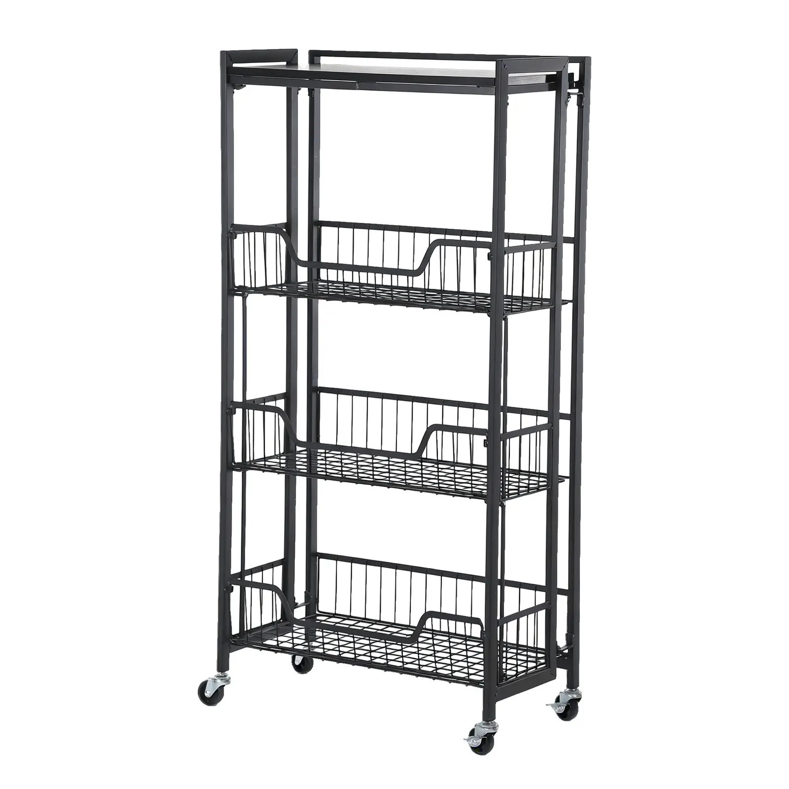 Foldable Storage Cart on Wheels, Iron and Wood Rolling Storage Cart with 3-Tier Shelves, Utility Kitchen Organizer for Fruit Vegetable Snack Pantry, Space-Saving Cart for Home, Black/White