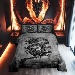 Dragon Comforter Set,Exotic Chinese Style Wildlife Animal Bedding Set,Kids Teens Modern Decor,Vintage Black Gray Graffiti All Seasons