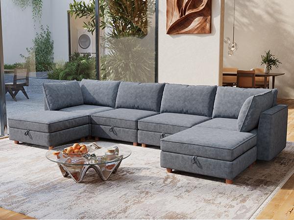 4-8 Seat Modular Sectional Sofa with Storage, Sturdy Solid Wood Structure, Modular Sectional Sofa Cloud Couch Washable, Spacious Couches for Living Room, Apartment, Loft, Grey