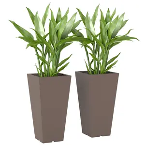 23-Inch Tall Outdoor Plastic Planters, Set of 2 Large Weatherproof UV-Resistant Brown Pots with Drainage Holes for Front Door Entrance, Garden Landscape, Trees, Topiaries & Entryway Decor
