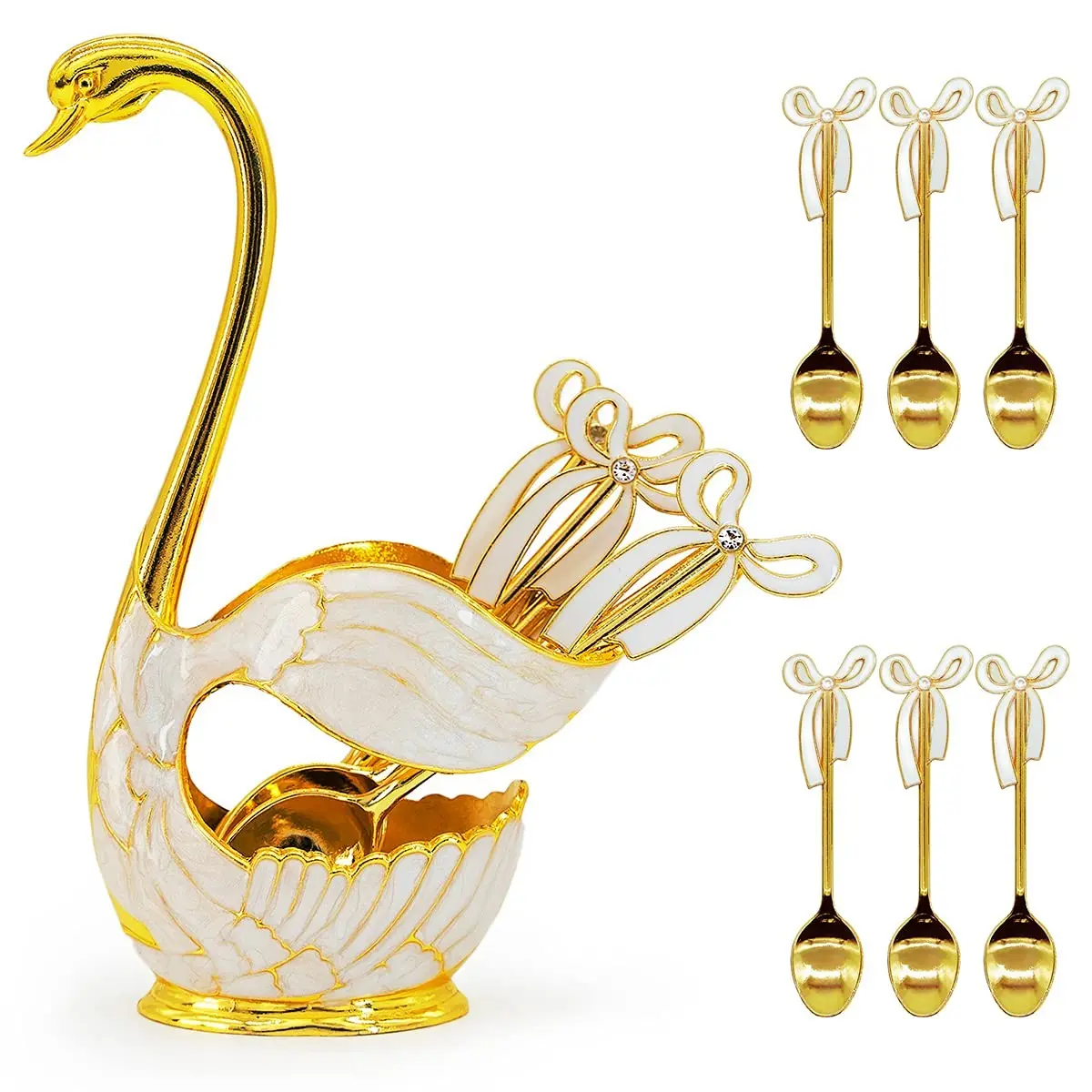 Coffee Dessert Spoon Set Metal Swan Base Holder Spoon Organizer with 6pcs Ice Cream Spoons Teaspoons Coffee Dessert Flatware (Gold) Utensils Kitchen Set Cutlery