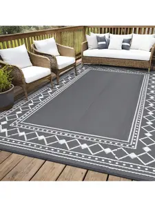Gaomon 9x12 ft Foldable Outdoor Rug, Waterproof Plastic Straw Mat, Modern Stylish Geometric Reversible, Lightweight Portable, UV Resistant for Patio, Beach
