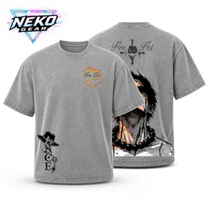 Men's Oversized Ribbed Garment-Dyed Breathable Aesthetic Neko Gear Portgas D Ace Fire Fist Vintage Washed Graphic Print Anime Pirate Manga T-Shirt