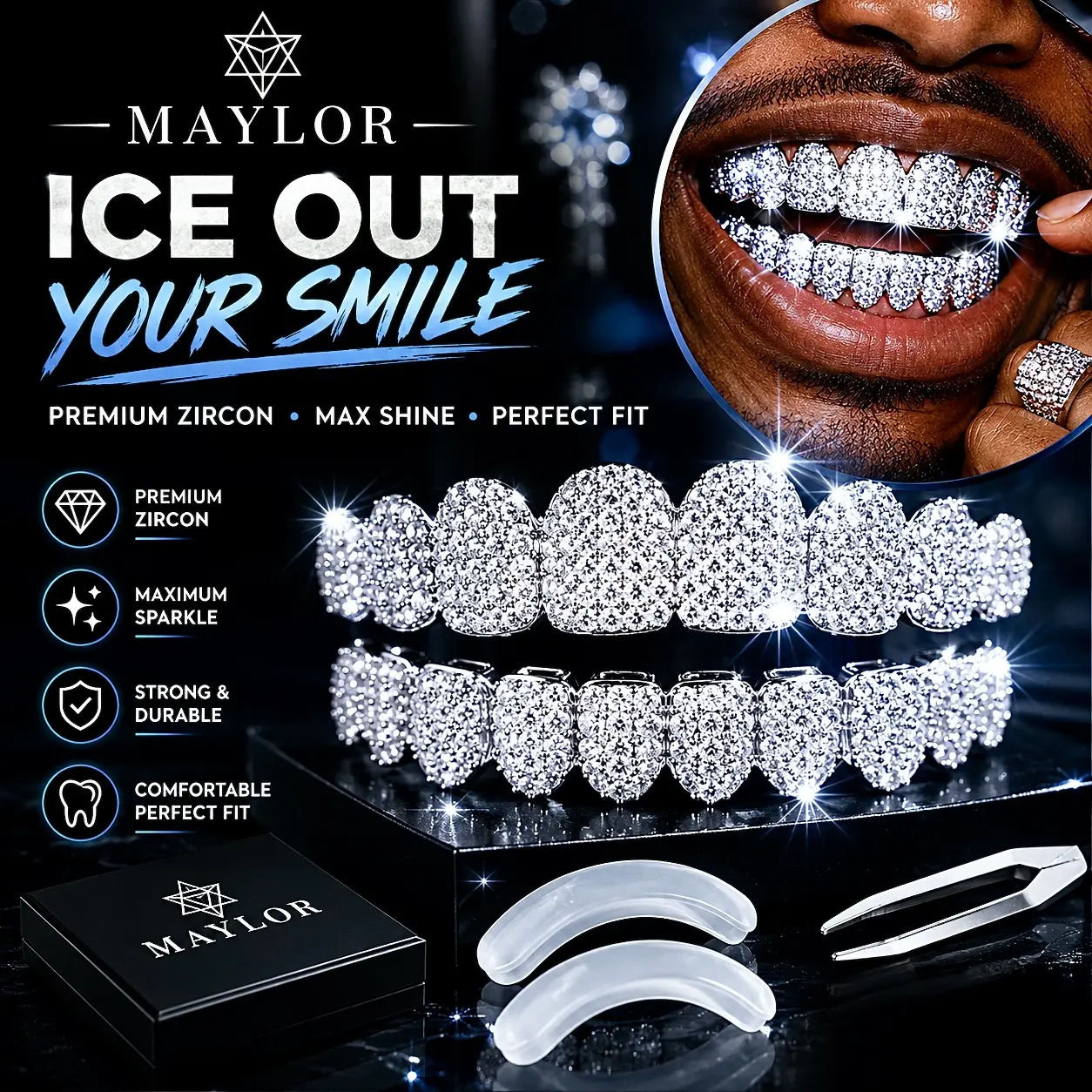 MAYLOR Unisex Hip Hop Iced Out Cubic Zirconia Grillz - Reusable, Adjustable Custom Fit Teeth Bling, Softens Then Molds, Boosts Smile, Ideal for Concerts & Gifting (Costume Body Jewelry Accessory)