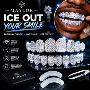 MAYLOR Unisex Hip Hop Iced Out Diamond Grillz, Cubic Zirconia Teeth Grillz Non-Custom Fit, Sparkling CZ Party Doc Bling Hip Hop Decorative Smile Enhancement Accessory, Suitable for Gifting