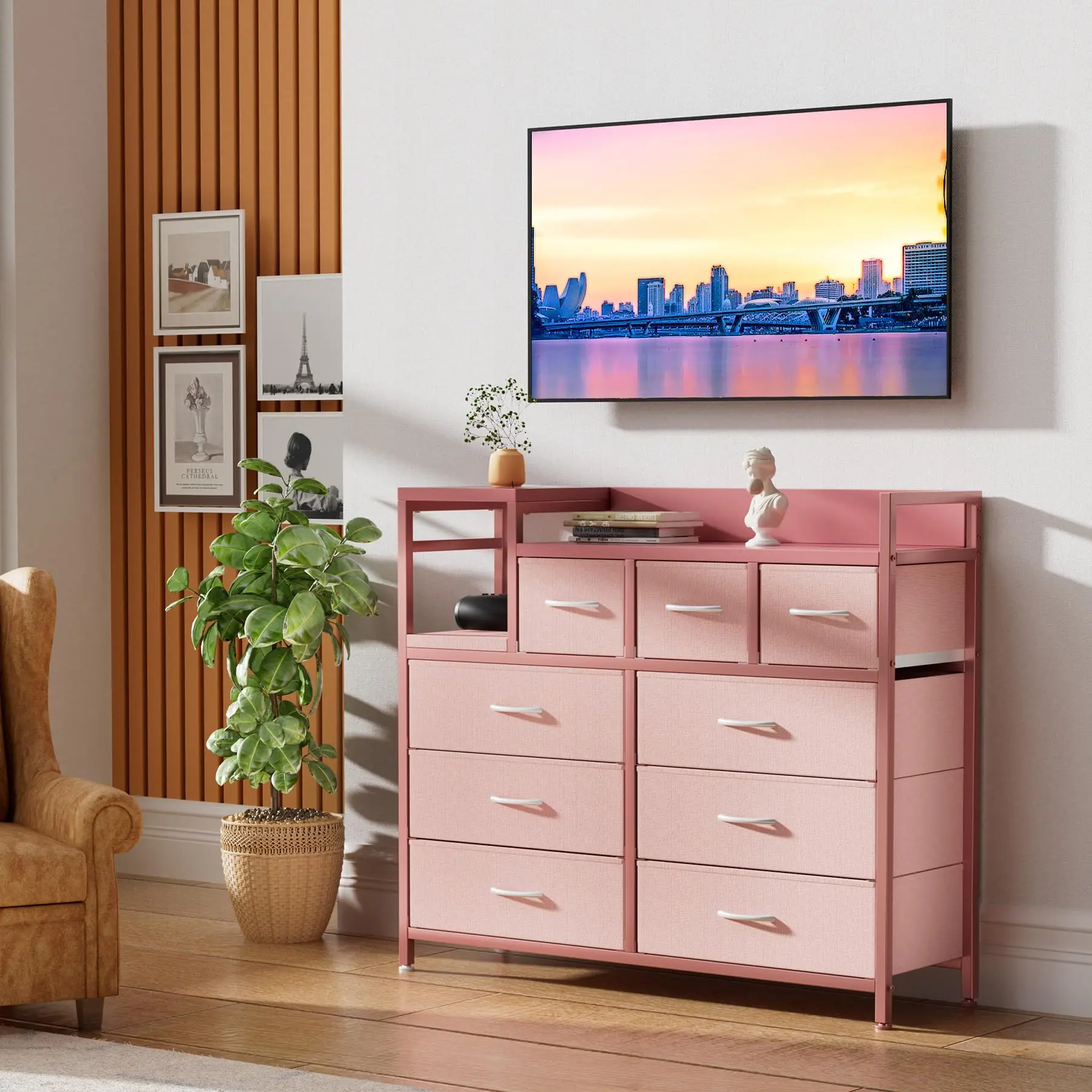 9 Drawer Dresser with Charging Station, Modern Chest of Drawers, Metal Frame Fabric Dresser TV Stand Storage Organizer for Bedroom, Closet, Pink