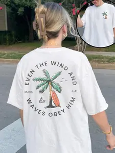 Women's "Even The Wind And Waves Obey Him" Faith T-Shirt, Mark 4:41, Coconut Tree & Surfing Double-Sided Print, Loose Crew Neck Short Sleeve Top