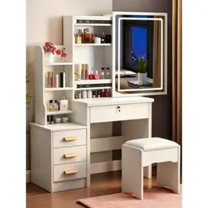 Elegant Vanity Table with Sliding Mirror, 3-Color Adjustable Lights, Drawers & Stool for Bedroom Use