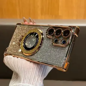 Luxury Magnetic Plating Stand Shockproof Glitter Phone Case for Samsung Galaxy S26 S25 Edge S24 Ultra S23 S22 Plus S21 S20 FE A57 A56 A37 A36 A27 A26 A17 A16 Clear Cellphone Cover