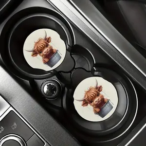 Cute Highland Cow Pattern Car Coaster, 2 Counts Round Anti-slip Car Cup Holder Pad, Car Interior Decoration Accessories for Women & Men, Car Interior Decorative Car Accessory