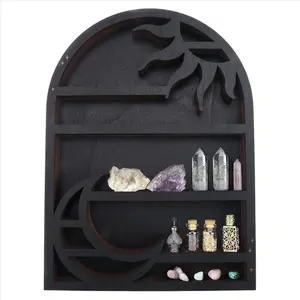 QYKF Crescent Sun Moon Crystal Wall Shelf, Stylish Practical Floating Wood Storage Display Shelf for Home Decor