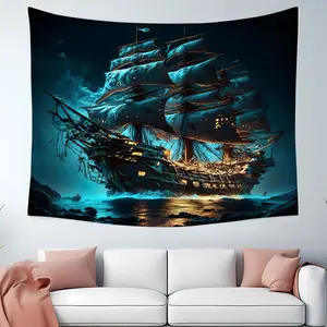 Ghost Pirate Ship Backdrop with Glowing Hull, Mysterious Storm Ocean Design, Vivid Gothic Adventure Atmosphere for Enchanting Spaces