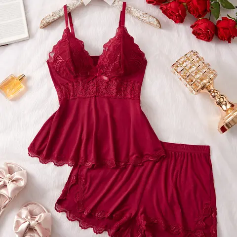 Women's Lace Trim Bow Decor Cami Top & Elastic Waist Shorts Pyjama Two-piece Set, Elegant Adjustable Spaghetti Strap Camisole & Shorts PJ Set, Women's Sleepwear for Summer, Womenswear, Camisole Sets, Lace Lingerie, Lingerie Nightwear