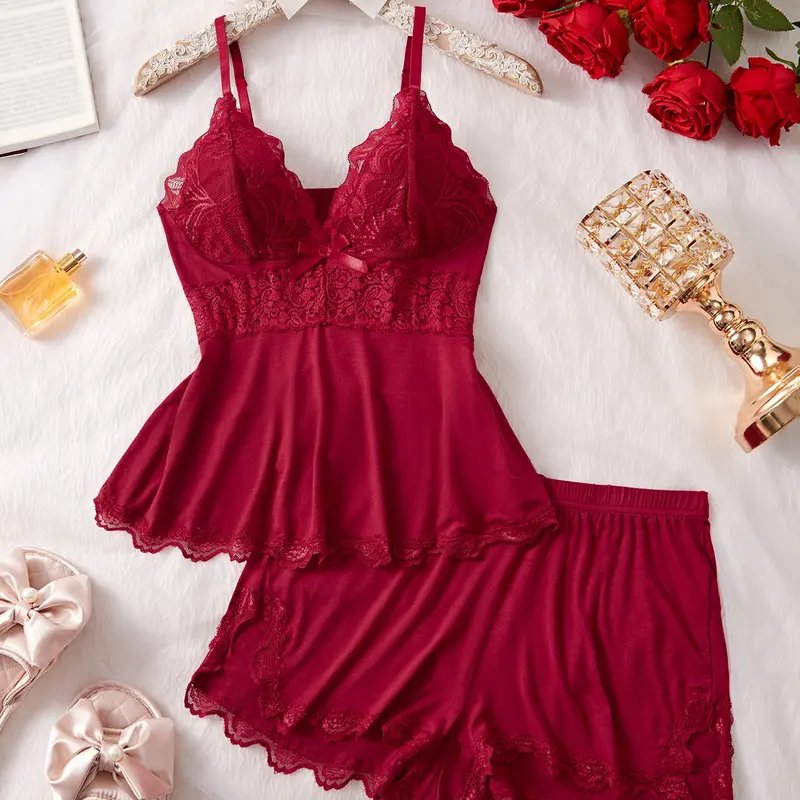 Women's Lace Trim Bow Decor Cami Top & Elastic Waist Shorts Pyjama Two-piece Set, Elegant Adjustable Spaghetti Strap Camisole & Shorts PJ Set, Women's Sleepwear for Summer, Womenswear, Camisole Sets, Lace Lingerie, Lingerie Nightwear