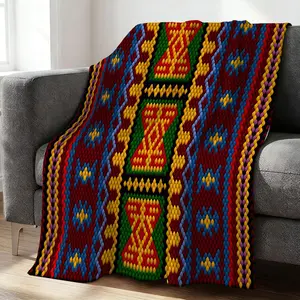 Southwestern Geometric Beadwork Blanket, Colorful Loom Weaving Style Flannel Throw Blanket, Cozy Home Decor for Camping, Travel, Office Warmth, Unique Decorative Touch for Any Space