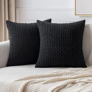 Pack of 2 Decorative Throw Pillow Covers 20x20 Inch Soft Boho Striped Textured Corduroy Pillow Covers Farmhouse Home for Couch Bed Sofa Living Room Black