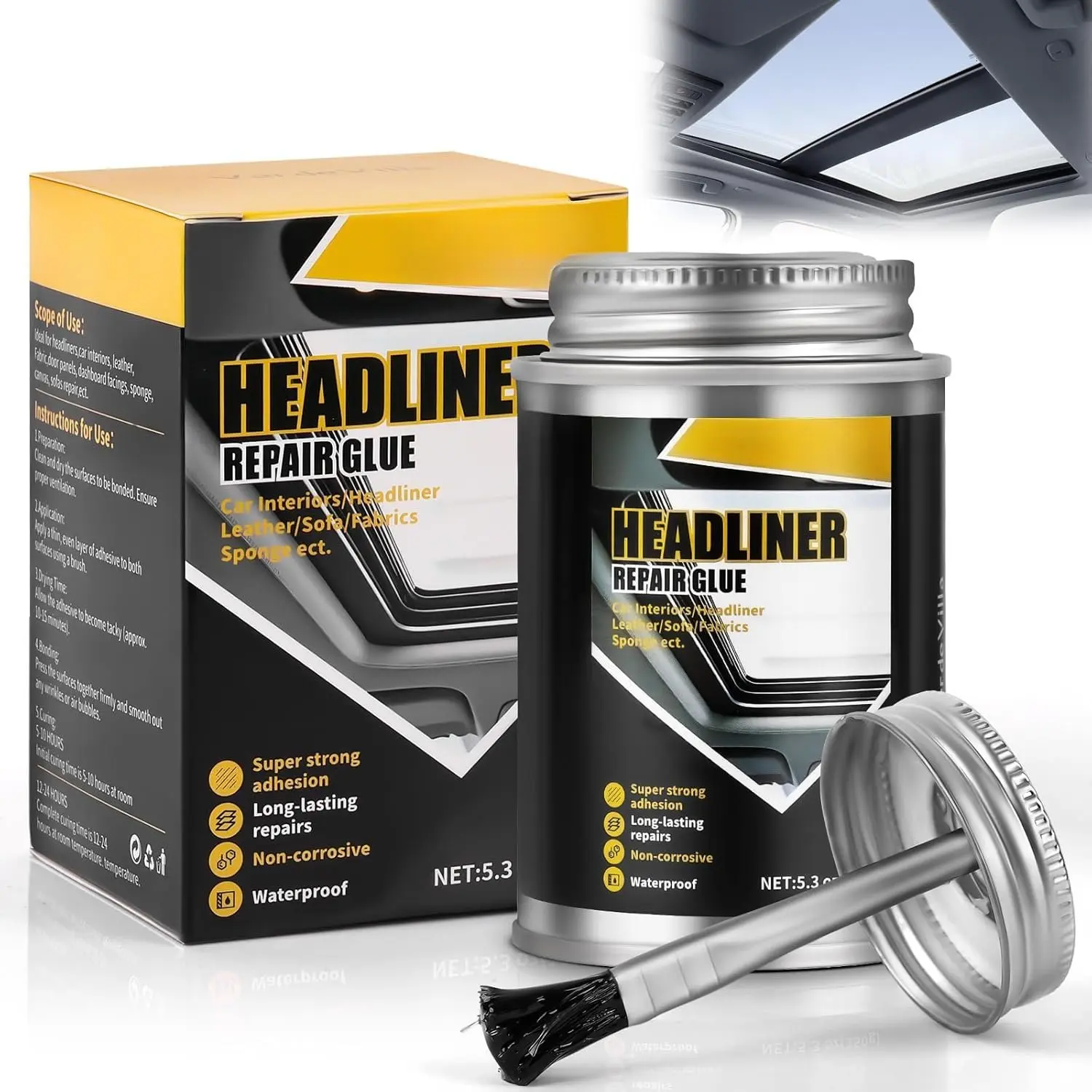 Headliner Repair Glue,  Headliner Adhesive with Brush,  Roof Liner Fabric Adhesive, Upholstery Glue for ,Headliner Repair Kit, Suitable for Automotive interiors, Fabric, Leather,150ml