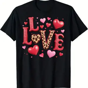 Black T - shirt with Bold LOVE Design, Red Glossy L & V & E, Red Leopard - Print Heart O, Large Red & Pink Hearts Surrounding, Glossy Finish, Romantic Valentine'S Day Style Casual T - shirt100% cotton,sizes S-XXXL