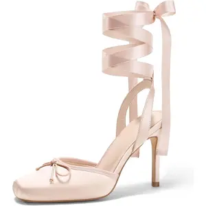 Coutgo Womens Ballet High Heels Satin Closed Square Toe Ballerina Heels Lace Up Bow Pumps Prom Shoes