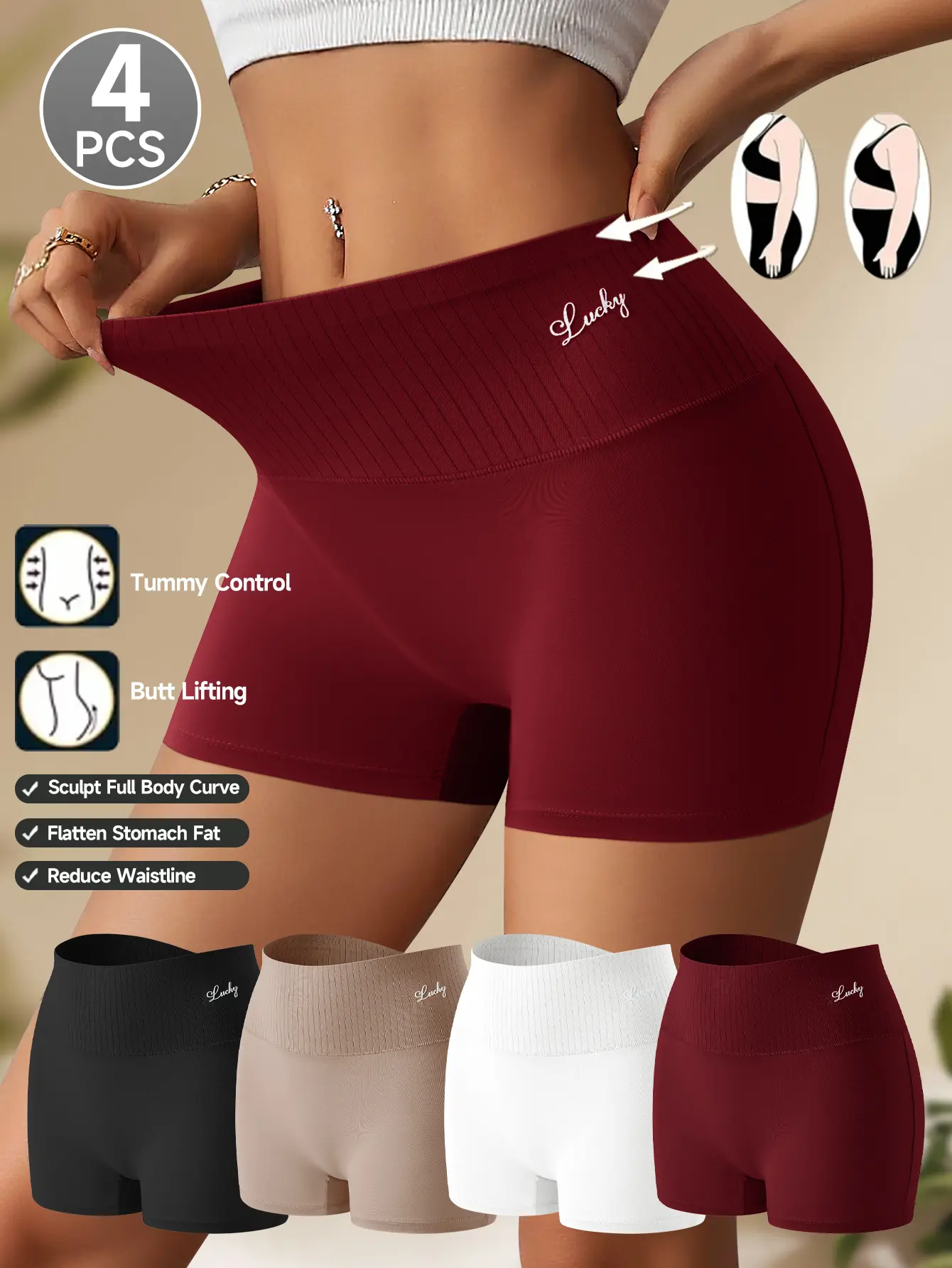 QUASTI Women's 4-Pack High-Waisted Ribbed Shapewear Shorts - Gentle Tummy Control, Full Coverage, Seamless, Breathable, Lightweight, Stretchy Waistband, Stay-Put Fit, Butt Lifting Gym Clothes - S-XXL, Pair with Leggings/Skirts, Subtle Embroidery Details,