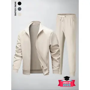 Men's Solid Zip Up Jacket & Pants Two-Piece Set, Casual Fashion Cozy Breathable Two Piece Outfits for Daily Outdoor Wear, Men's Clothes for Spring & Fall, Clothing Set