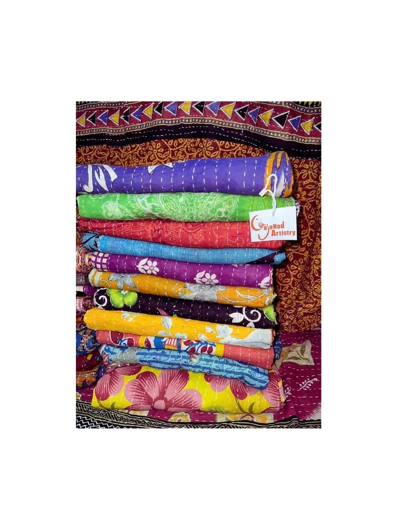 Handmade Cotton Fiber Bohemian Style Kantha Quilt - Twin Size 85x55 in, 1-Piece Reversible Wrinkle-Resistant Crochet Print Multicolor Bedding for Boho Chic Bedroom Decor