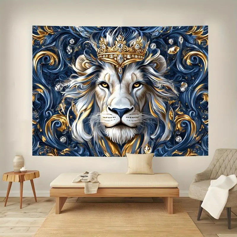1pc 3D Effect Regal Lion Wall Mural with Golden Crown & Navy Blue Swirls - for Living Room, Party, or Home Decor Gift, Lion Wall Decor |     Easy Installation |     Durable Wall Tapestry |     Peach Light Beige Fabric |     100% Polyester |     Gift Tapes