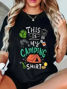 Women's Plus Size Camping Graphic T-Shirt - Short Sleeve Crew Neck Casual Top with Vibrant Cartoon Tent & Campfire Print, Breathable All-Season Outdoor Enthusiast Apparel, Camping Gear, Adventure Clothing, Playful Design, Comfortable Fit