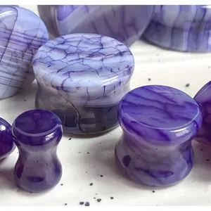 PAIR Purple Dragons Vein Agate Stone Double Flare Plugs Organic Earlets Gauges