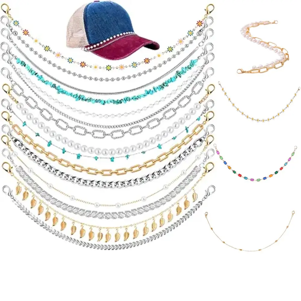18Pcs Trucker Hat Chains, Trucket Hat Charms Chains for Women Men, Decoration DIY Metal/Turquoise/Pearl/Flower Chains Charms for Mesh Baseball Cap Trucker Hat