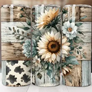 Sunflowers + wood | 20oz sublimation tumbler transfer print out Bottle Drinkware spring floral design