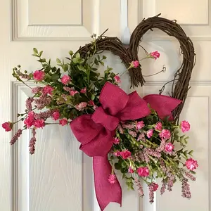 18" Pink Lavender Heart Wreath - Large Romantic Valentine's Day Front Door Decor, Rustic Spring Lavender Wreath for Wall, Window & Porch Ornaments