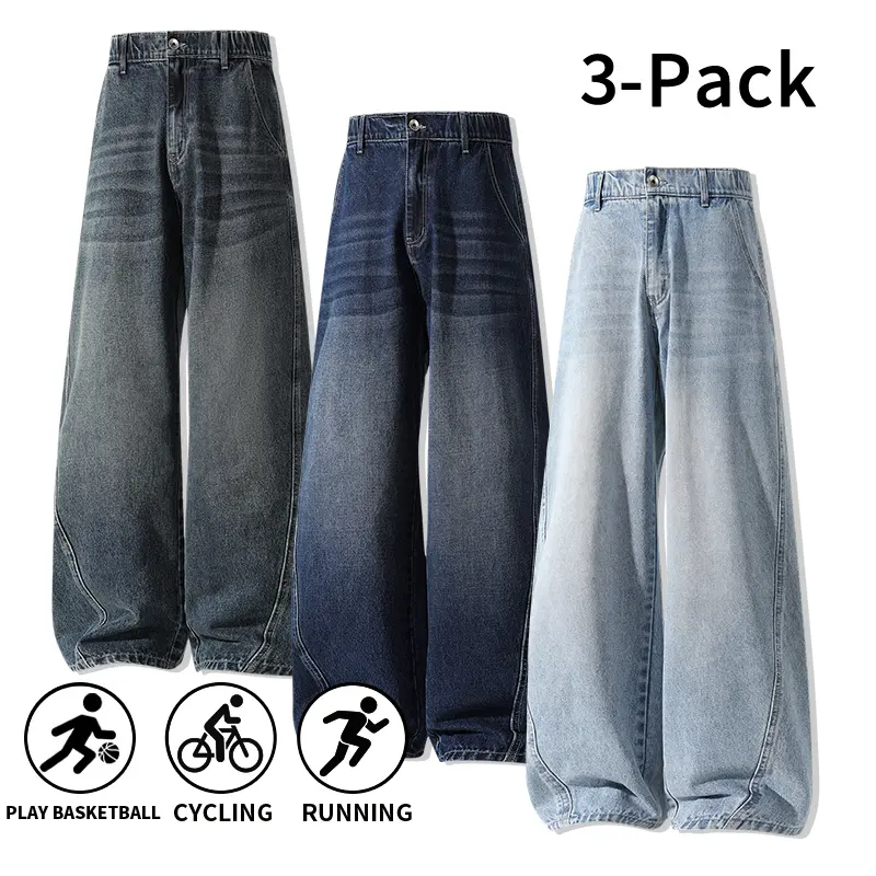 Assorted Washed 3-Pack High-Waist Baggy Wide-Leg Men’s Vintage Straight Denim Jeans — Street Casual Sportswear