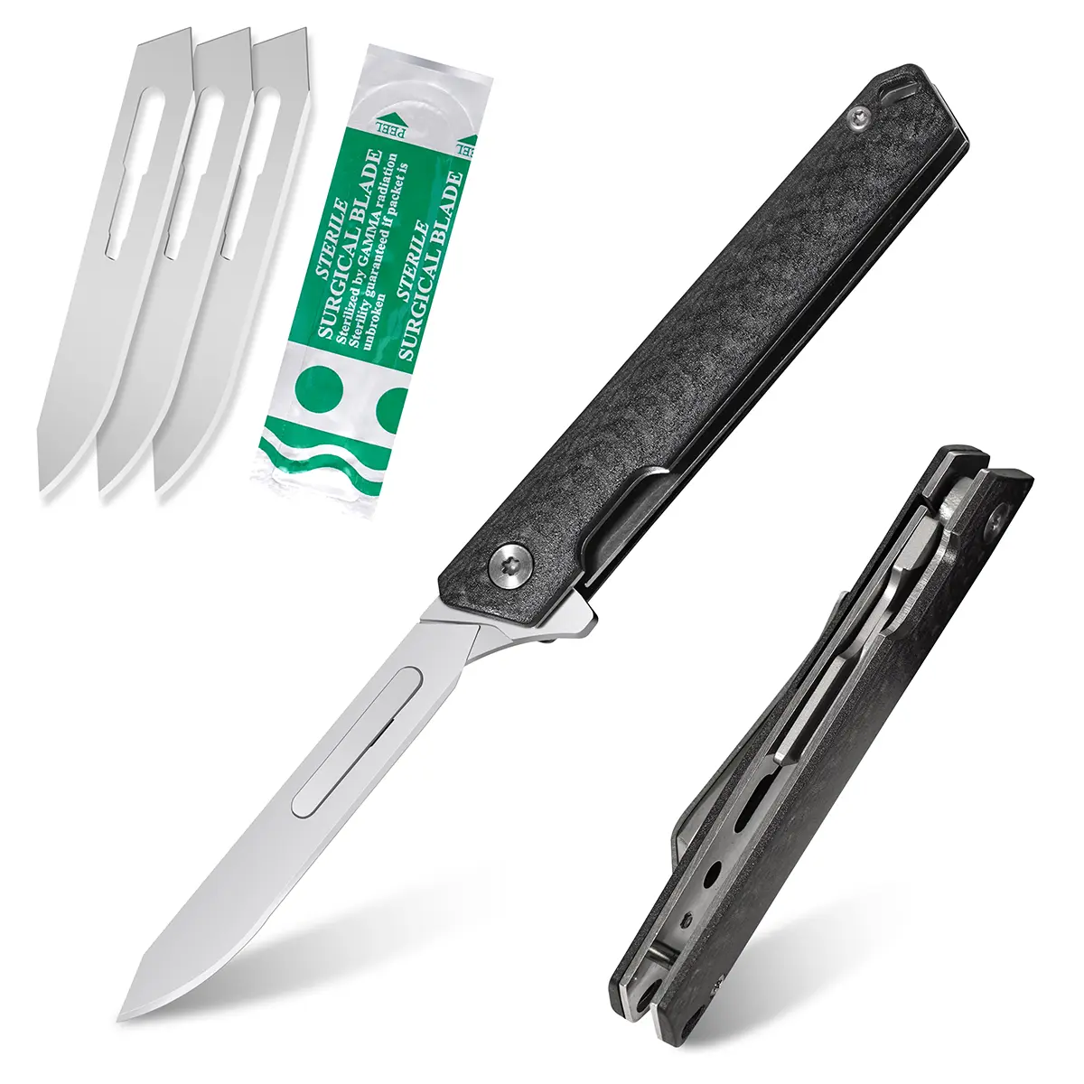 Men’s tactical EDC folding knife—a multifunctional outdoor pocket/utility knife with a lightweight blade, back clip for easy carry, replaceable blades, and a quick-opening design; suitable for wilderness survival, emergencies, camping, and hiking.