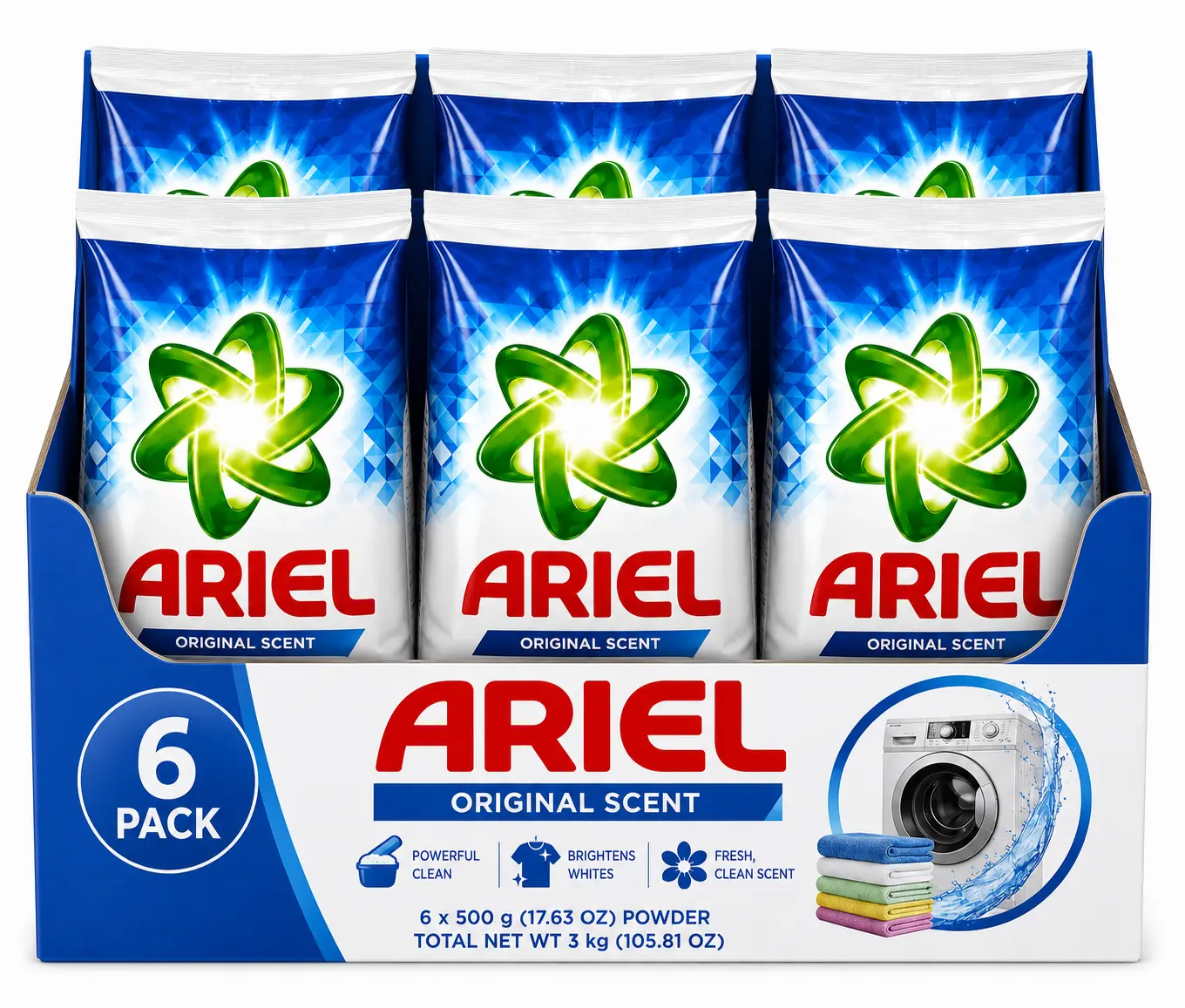 Ariel Original Scent Powder Laundry Detergent, 2 Pack (6 × 500 g), Deep Cleaning Laundry Powder