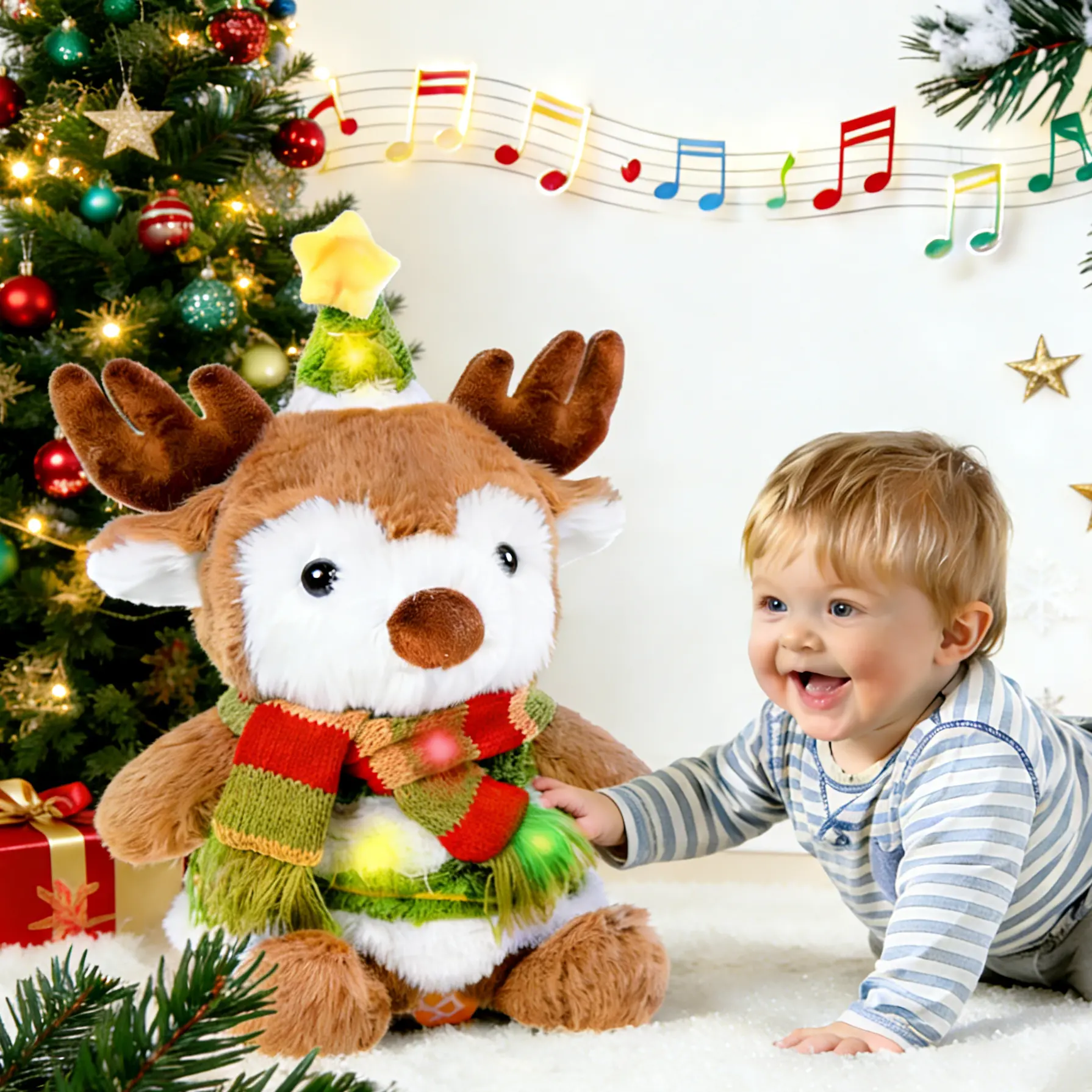 Emoin Christmas Deer Stuffed Toy - Stuffed Animals with Singing, Voice Repeating Features, Interactive Soft Huggable Gift for Birthday, Christmas