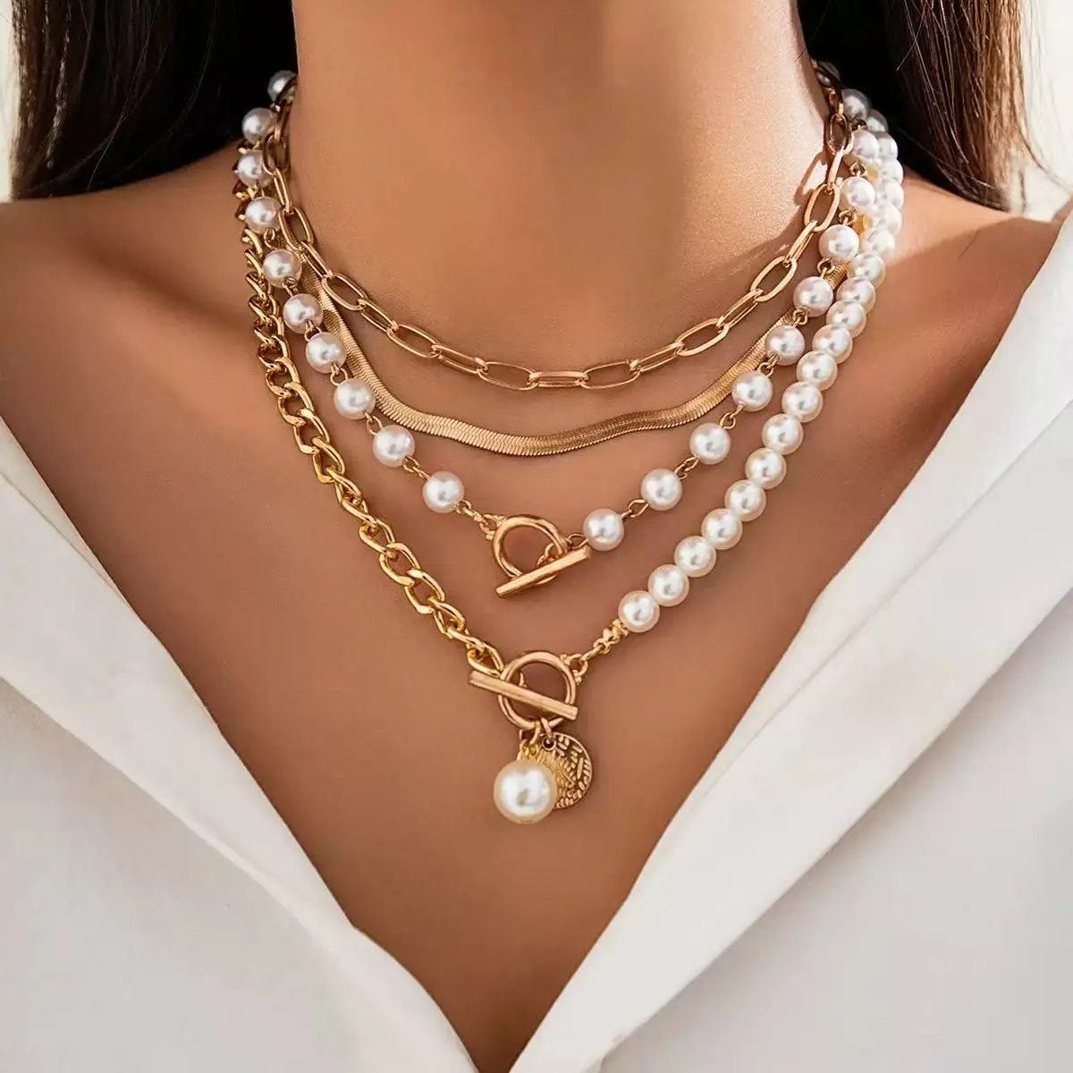 Pearl Necklace for Women, Dainty 5-Layer French Vintage Style Choker with OT Clasp, Beaded Costume Jewelry, Dainty Pearl Choker, Accessories