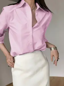 Plain Lapel Collared Commuter Casual Loose Fit Button Front Cardigan Shirt Blouse, Stylish Daily Wear Top, Comfortable Office