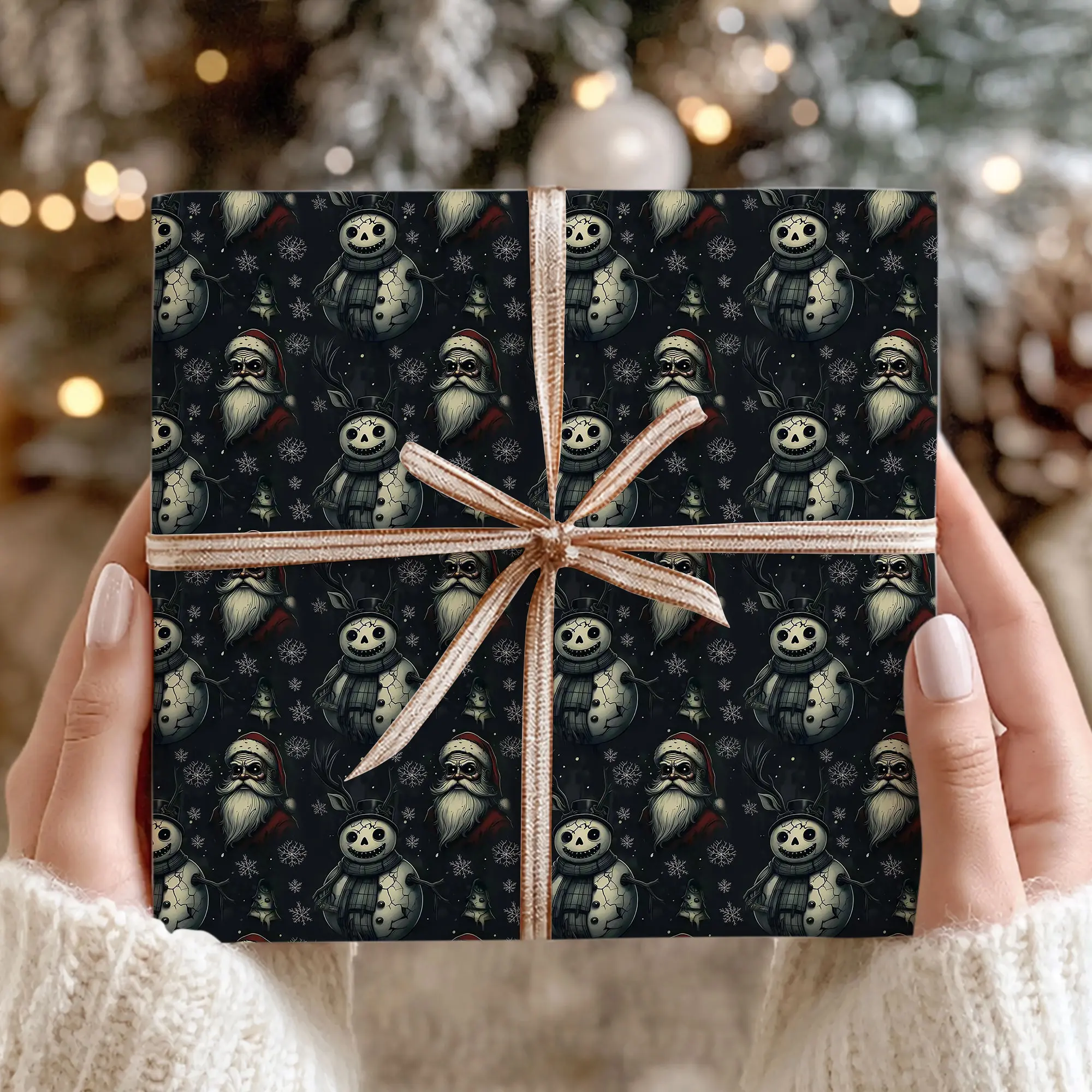 Creepy Santa & Snowman Wrapping Paper, Gothic Christmas Gift Wrap, Creepy Black Holiday Paper for Xmas Gifts, Birthdays, Parties & Gift Wrapping