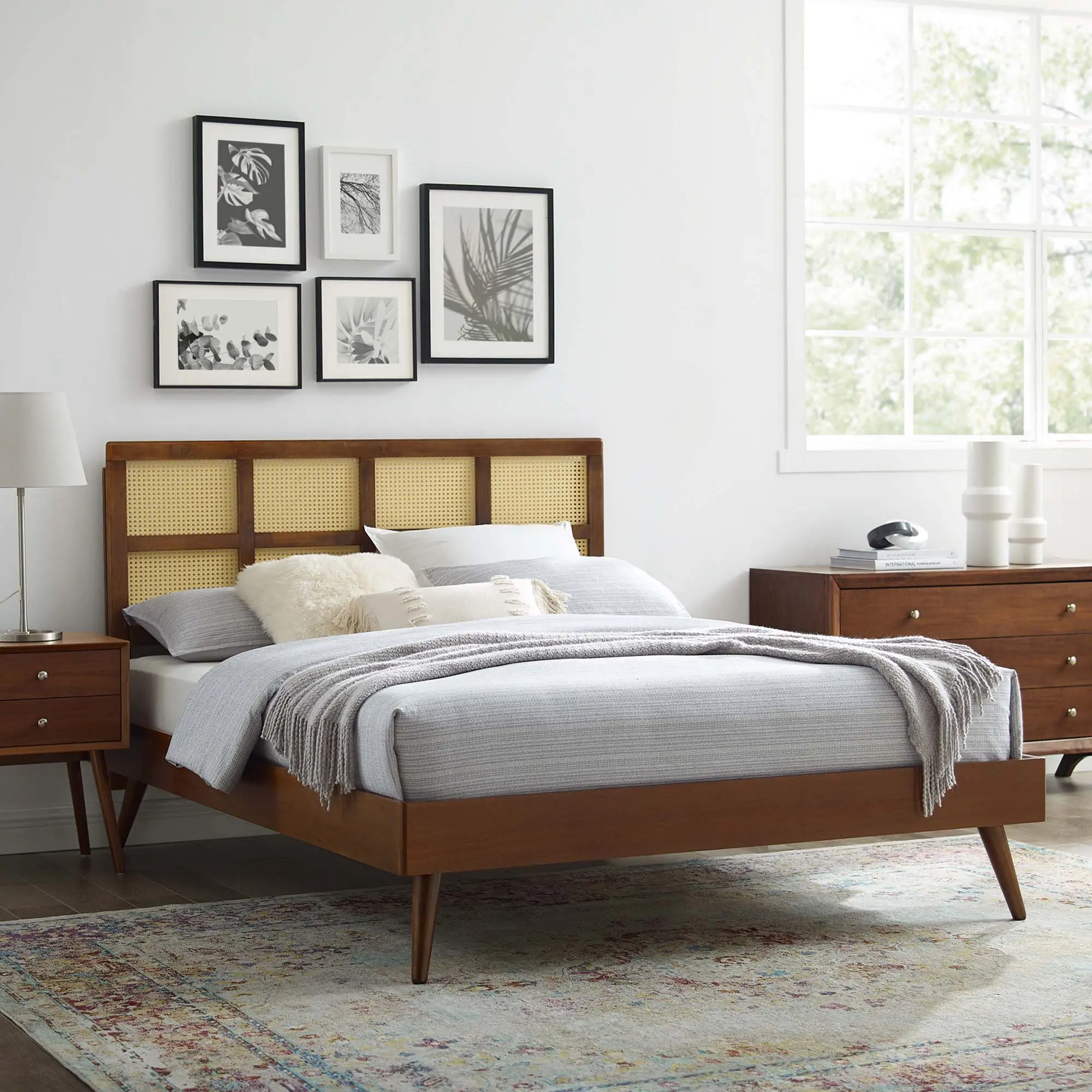 Modway Sidney Full Platform Bed - Cane, Wood Frame, Wood Headboard, Splayed Legs, Walnut Finish for Modern Bedroom