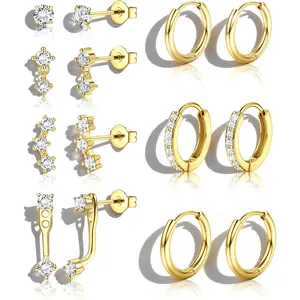 FIASASO 7Pairs Hypoallergenic Plated Gold Earrings for Women Trendy Small Stud Huggie Hoop Earing Stacks Set Cute Cartilage Helix Jewelry for Sensitive Ears Silver Dainty Gift